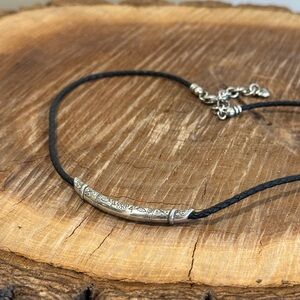 Silver Floral Tube Pendant on Black Leather Cord Necklace